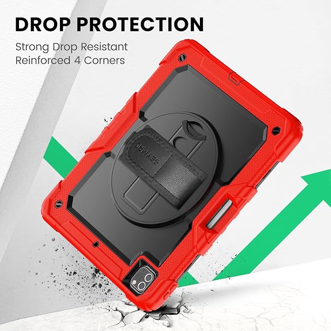 SEYMAC Case for iPad Pro 12.9 2022/2021/ 2020/2018 Heavy Duty Protection Shockproof Case with Screen Protector 360° Rotating Stand/Handle/Shoulder Strap Supports Pencil 2 Charging Red