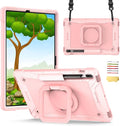 Stand Case for Samsung Galaxy Tab S8 Plus 2022/Tab S7 FE 5G 2021/Tab S7 Plus 2020 Case 12.4 inch 360 Degree Rotating Kickstandwith Hand/Shoulder Strap Rugged Shockproof Cover Rose Gold