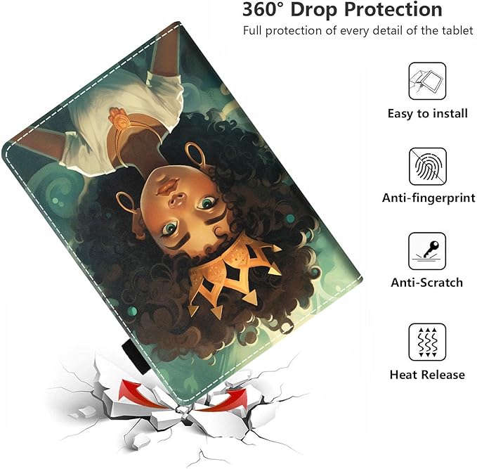 Case for All-New Kindle Fire HD 10 &amp 10 Plus Tablet 10.1 (13th/11th Generation 2023/2021 Release) - PU Leather Folio Case with Smart Auto Wake/Sleep African American Girl Wearing Crown