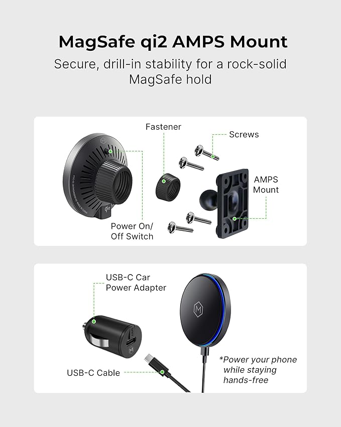 MagSwitch Qi2 Magsafe Car Mount Charger - Magnetic Cell Phone Holder with AMPS Plate Mount 15W Fast Charger with a Built in On/Off Switch for Charging Compatible with iPhone &amp Samsung