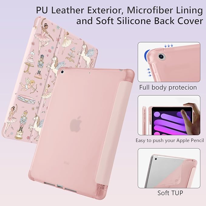 Cute Nutcracker Flower for iPad Pro 13 Inch Case (M5/M4) 2025/2024 with Pencil Holder Auto Sleep/Wake Pink Leather Soft TPU Back Cover
