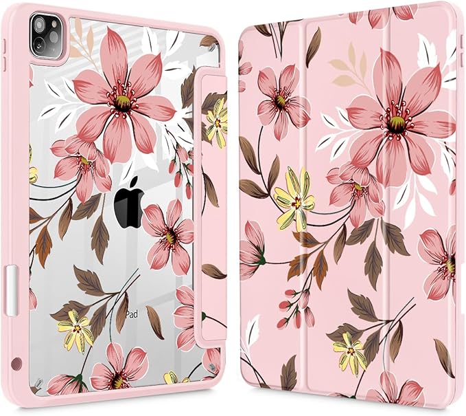 Mektron Case for iPad Pro 11 inch (4th 3rd 2nd &amp 1st Gen) 2022 2021 2020 2018 Buit in Pencil Holder with Shockproof Cover Clear Shell + Trifold Stand + Auto Wake/Sleep Floral C293
