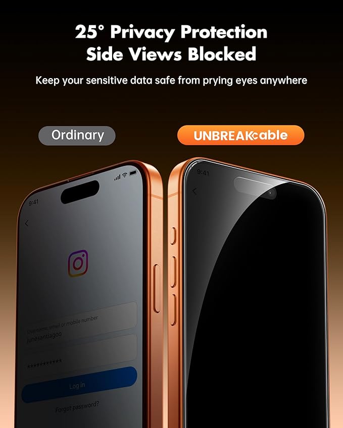 UNBREAKcable Privacy Screen Protector for iPhone 17 Pro Max (6.9) 25° Anti-Spy Tempered Glass Easy Install Alignment Frame Case-Friendly 9H Hardness Anti-Fingerprint 3-Pack