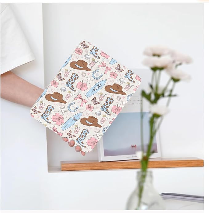 Cute Western Cowboy Flower for iPad Pro 11 Inch Case (M5/M4) 2025/2024 with Pencil Holder Auto Sleep/Wake White Leather Acrylic Back Detachable Cover