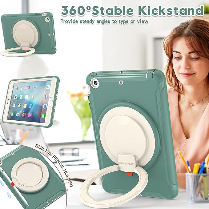 BATYUE Shockproof Case for iPad mini 1/2/3 (2012/2013/2014) - 360° Multi-Angle Stand (Portrait &amp Landscape) &amp Grip Multi-Scene for All Ages Jade Green