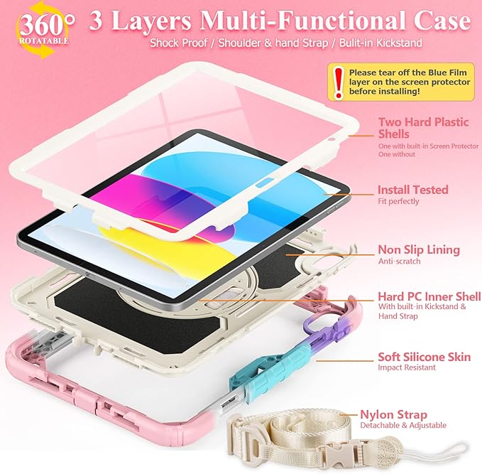 SEYMAC stock Case for iPad (A16) 11th/10th Generation 11''/10.9'' 2025/2022 Full-Body Drop Protection Case with Screen Protector &amp360° Rotate Hand Strap/Stand Yellowish+Pink