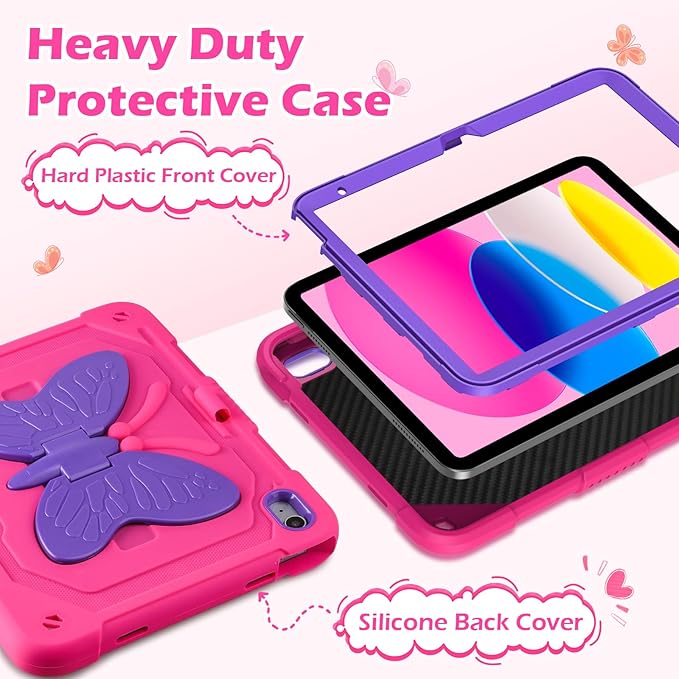 VOFUOE for iPad A16 Case 11th Generation 2025 11 Inch for iPad 10th Generation Case 2022 10.9 Inch for Kids Girls with Butterfly Stand Shoulder Strap Pencil Holder Hard Cover-Hot Pink &amp Purple Wi