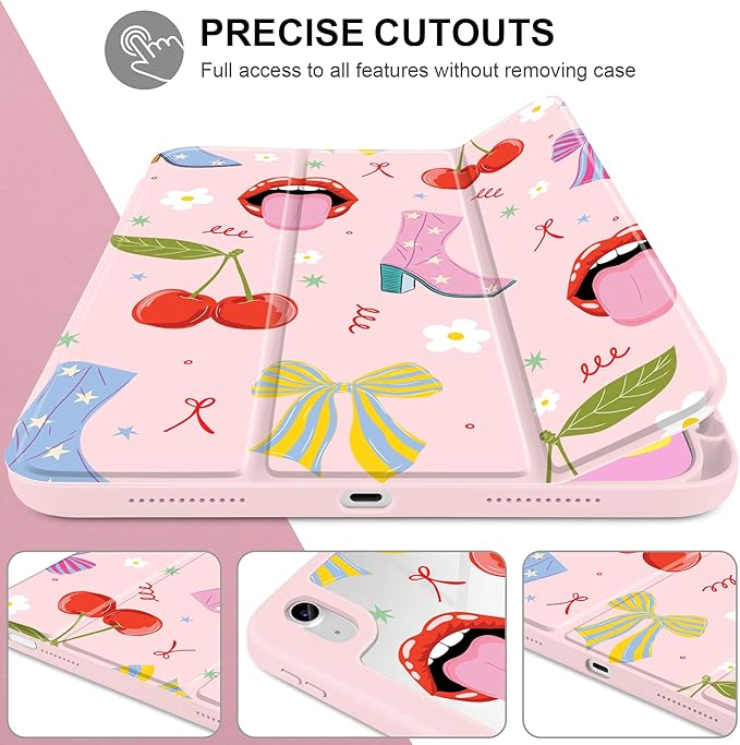 Case for iPad A16 11th Generation 11 inch 2025 iPad 10th Generation 10.9 inch 2022 -[Built-in Pencil Holder] Shockproof Clear Hard Back Trifold Stand Auto Wake/Sleep Cherry &amp Lip