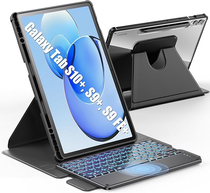 INFILAND for Galaxy Tab S10+ S9+ Plus/S9 FE+ Plus Keyboard Case [High Precision Tackpad] 360 Rotating Stand Detachable Magnetic Wireless Keyboard Cover Light Black