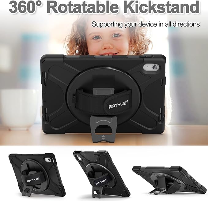 BATYUE Case for iPad (A16) 11th/10th Gen 11''/10.9'' 2025/2022 - Heavy Duty Shockproof Cover with Adjustable Hand Strap 360°Kistand Screen Protector Shoulder Strap &amp Pencil Holder | Black