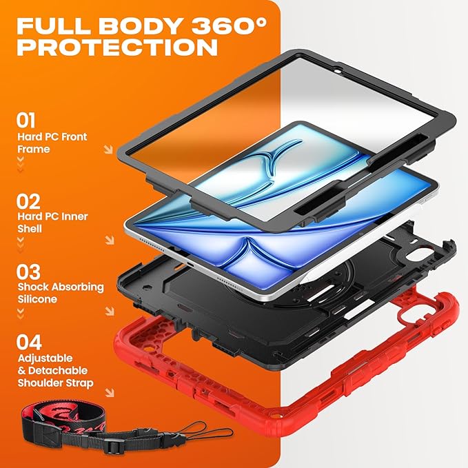 SEYMAC stock Case for iPad Air 11-inch M4-M2 2026-2024 (Gen 8-6) Shockproof Heavy Duty Case with Screen Protector Pencil Holder Rotating Stand Hand Strap Shoulder Strap Red