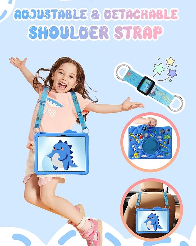 Boaretiu for iPad A16 Case/10th Generation Case - Blue Dinosaur Cool for Boys Girls Teens Soft Silicone Cute with Shoulder Strap &amp Rotating Stand Case for iPad A16 11th Generation 11 Inch 2025