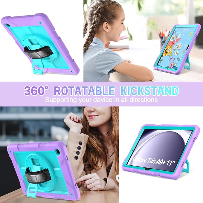 AVAWO Case for Samsung Galaxy A9+ Plus 11 inch 2023 with 360° Swivel Handle Strap Cover with Lanyard Teal+Purple