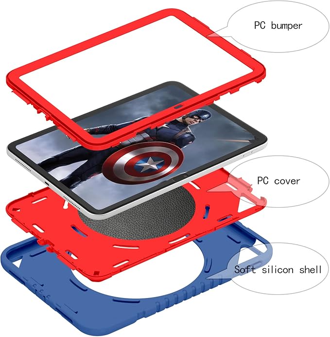 XZC Case for iPad (A16) 11th Generation 11 Inch 2025/ iPad 10th Generation 10.9 Inch 2022 Heavy Duty Shockproof Rugged Cover with Rotating Stand/Pencil Holder/Carrying Shoulder Strap (Blue 3)