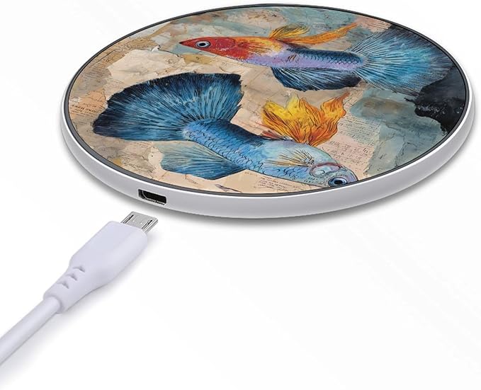 Guppy Fish Ocean Vintage Newspaper Phone Charger Magnetic Charging Pad Anti-Slip with USB Cable