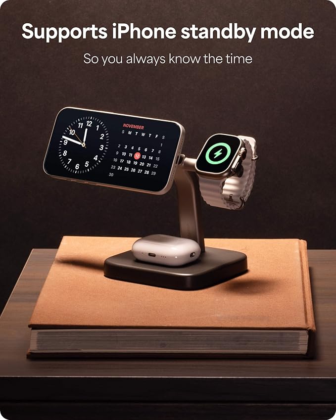 Mophie 3-in-1 Wireless Charging Stand - Qi2-Certified MagSafe Charger for iPhone Apple Watch &amp AirPods – Fast Charging Station with Adjustable Phone Stand &amp Cable Management – Up to 15W Powe
