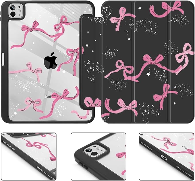 Tuiklol for iPad Pro 11 Inch (M5 2025 / M4 2024) Case Buit-in Pencil Holder with Slim Clear Back Cover Protection Trifold Stand-Auto Wake/Sleep Tablet Case Black Flower Bow-Black