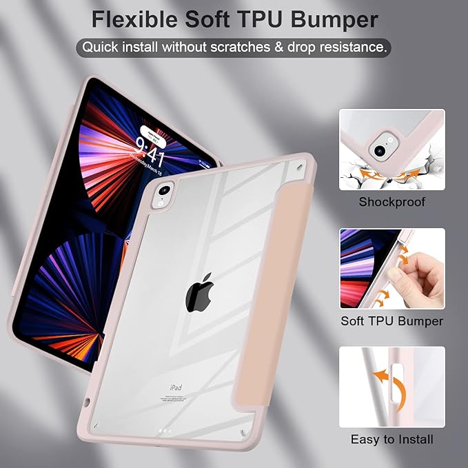 Batianda Hybrid Case for iPad Air 2022 (5th Generation M1 Chip) / iPad Air 4th 2020 10.9 inch [Built-in Pencil Holder] Shockproof Cover with Clear Transparent Back Shell TPU BumperBouquet