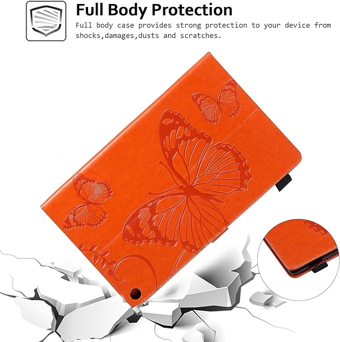 Wallet Case for Fire HD 10 (9th/7th/5th Generation 2019/2017/2015) Techcircle Butterflies Embossed Stand Folding Cover with Card/Cash Holder for Amazon Fire HD 10.1 Tablet Auto Sleep/Wake Orange