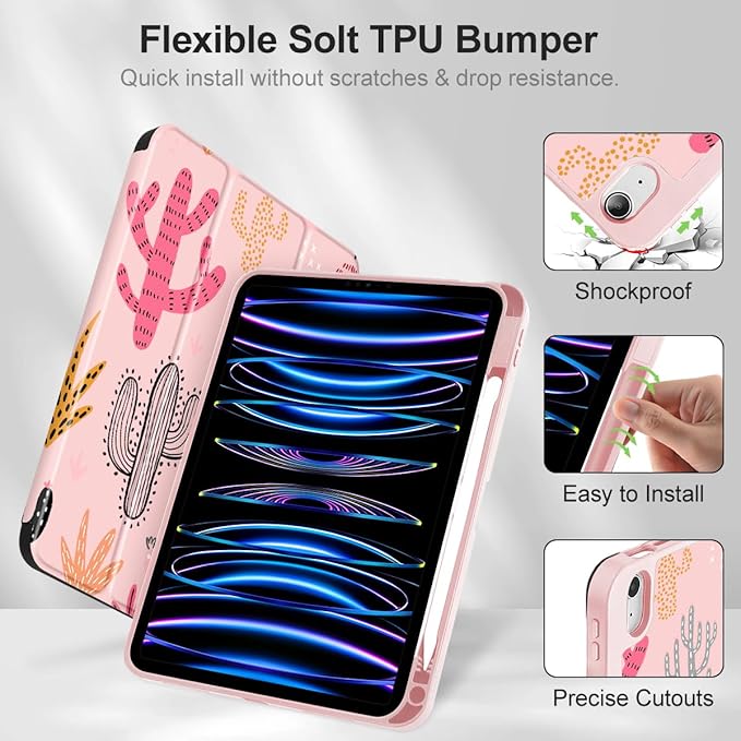 Mektron Case for iPad Air 11 inch (M4 2026 8th /M3 2025 7th /M2 2024 6th) Compatible with iPad Air 10.9 (2022 5th Gen /2020 4th Gen) Tablet Cover Buit in Pencil Holder Colorful Cacti