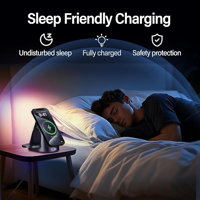 3 in 1 Magnetic Wireless Charger Qi2 Certified 15W Fast Charger for iPhone 16/15/14 Watch Foldable Rotating Charger Stand with Stable Flat Base MagSafe Compatible Travel-Ready Design