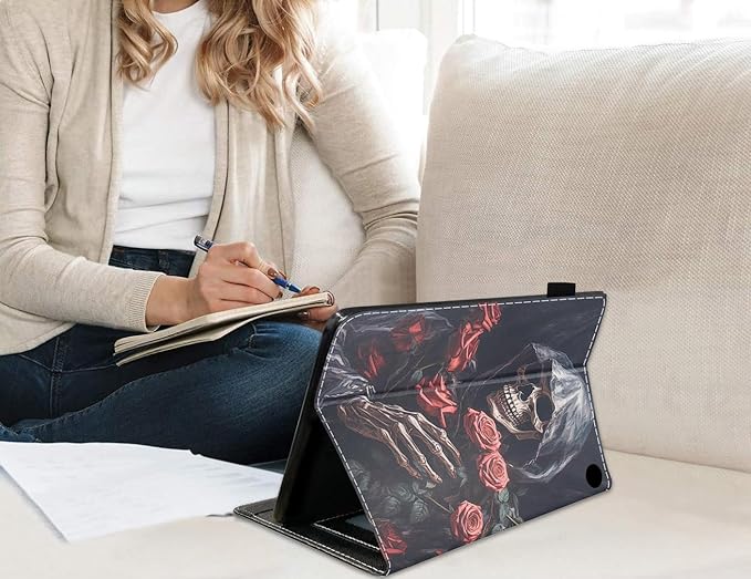 Case for All-New Amazon Fire HD 10 &amp 10 Plus Tablet 10.1 (13th/11th Generation 2023/2021 Release) Slim PU Leather Stand Cover with Card Slot &amp Auto Wake/Sleep - Skull Roses