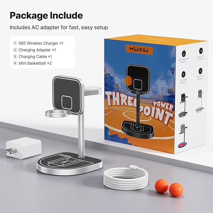 KU XIU X85 3-in-1 Wireless Charger Stand Magnetic Charging Station for iPhone 17–12 &amp iPhone Air Apple Watch S11–4/SE/Ultra AirPods 4/3/2/Pro – Adjustable Stand Basketball Court-Inspired Desig