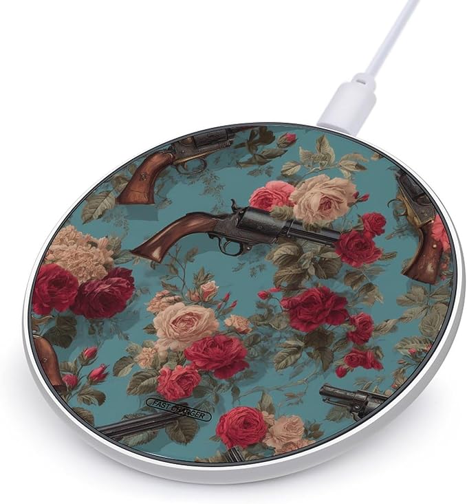 Vintage Guns Flowers Fast Portable Charger 10W Funny Graphic Phone Charging Pad with USB Cable
