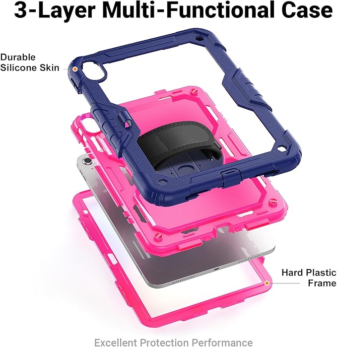 Kids Case for iPad (A16) 11th/10th Generation 11''/10.9'' 2025/2022: Shockproof Protective Case with Hand/Shoulder Strap Pencil Holder Rotate Stand Screen Protector