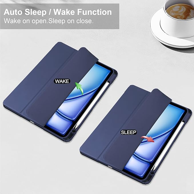 Stand Case for iPad Air 13 inch M2 (2024) with Clear Transparent Back &amp Soft TPU Shockproof Frame Cover [Built-in Pencil Holder] [Auto Sleep/Wake] Smart Lightweight Trifold Shell Dark Blue