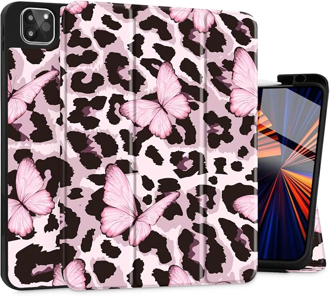 Mektron Case for M5/ M4 iPad Pro 11 inch 2025/2024 with Pencil Holder Compatible Models: A3357/A3358/A3359/A2836/A2837/A3006 Tablet Cover with Soft TPU Back Cover Leopard Pink Butterfly