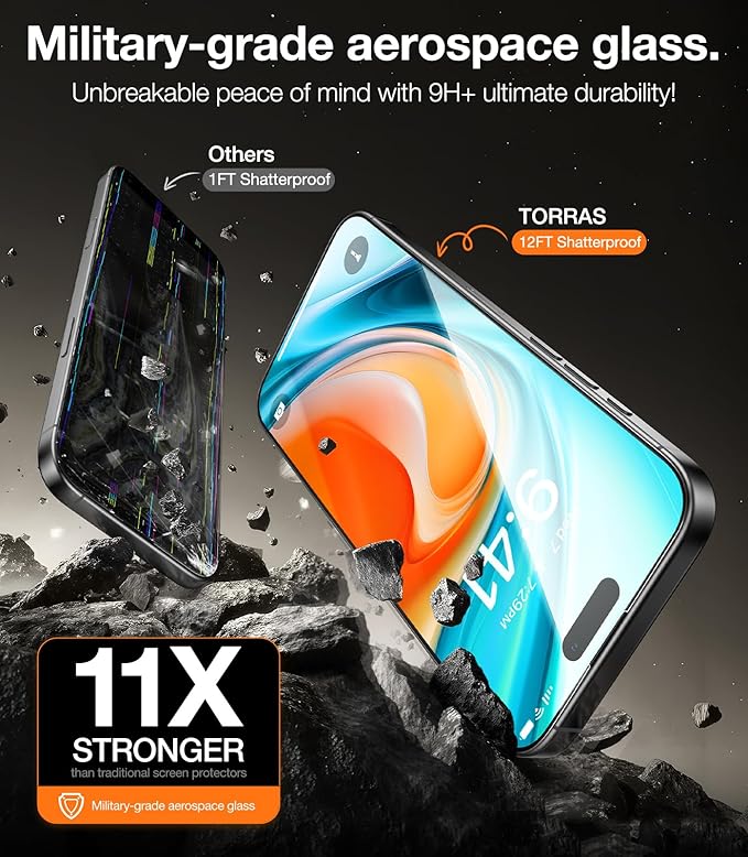 TORRAS Military-Grade Shatterproof for iPhone 16 Pro Screen Protector [9H+ Aerospace Tempered Glass＆ One-Step Installation] Full Coverage Fit Bubble Free Top-Notch Protection 2 Pack GlassGo X