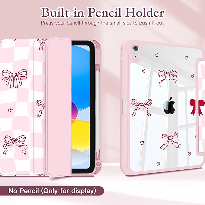 CISSOOK Case for iPad 11 inch (A16) 2025/10.9 inch iPad 10th Generation 2022 Buit in Pencil Holder Shockproof Cover Clear Back Shell Auto Wake/Sleep Bow Pink
