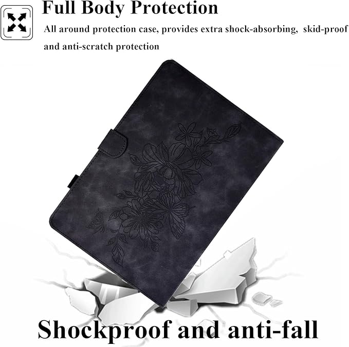 Folio Case for Amazon Kindle Fire HD 8/Fire HD 8 Plus (12th/10th Generation 2024/2022/2020) 8 with Stand/Pencil Holder [Auto Sleep/Wake] Embossed PU Leather Smart Cover Black Butterfly Flower
