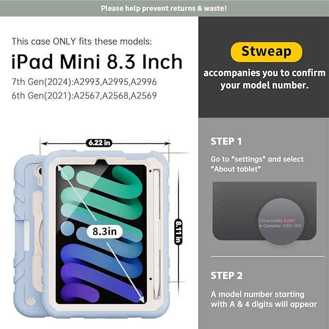 for iPad mini 7 A17 Pro/iPad mini 6 8.3 Inch Case iPad mini 7th/6th Generation Case (2024/2021) with Pencil Holder/Kickstand Hand Strap/Shoulder StrapBlue+White