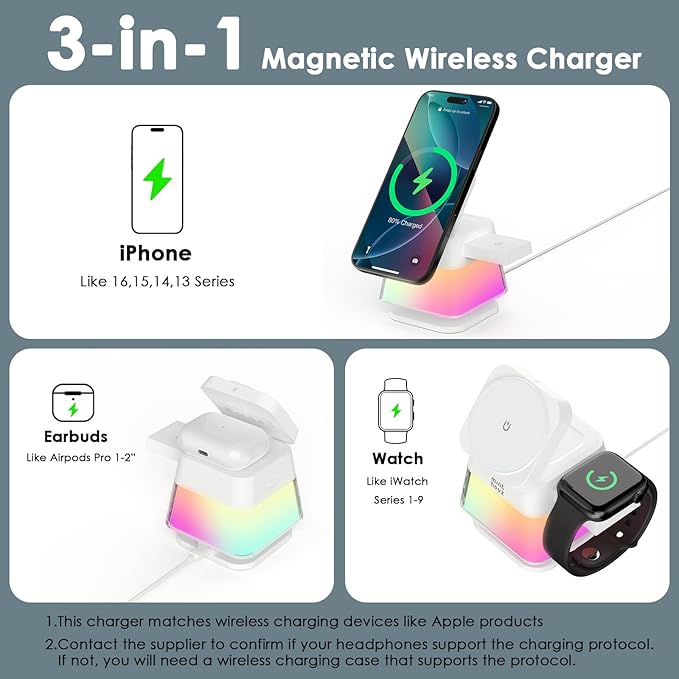 Minthouz 3 in 1 Charging Station for iPhone Wireless Charger for Apple Charging Station for Multiple Devices with Multi-Color Light for iPhone 16 15 14 13 12 Pro Apple Watch &amp AirPods Pro/4