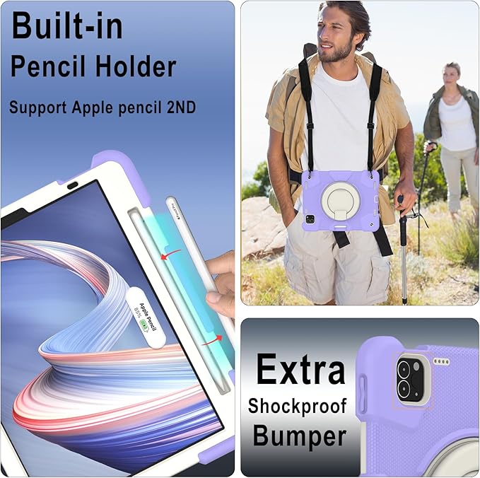 SCSVPN for iPad Air 5th/4th Generation Case 10.9'' Protective Kids Case for iPad Pro 11 Inch 2022 2021 2020 2018(4th/3rd/2nd/1st gen) with Pencil Holder-Rotation Stand/Handle-Shoulder Strap Purple