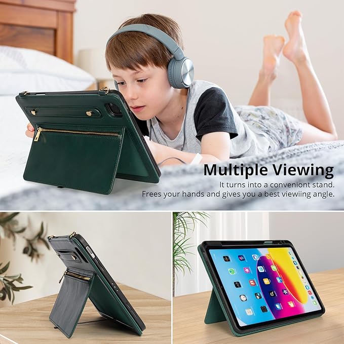 Dteck Case for iPad Air 13 inch M2 2024/iPad Pro 12.9 Case 6th/5th/4th/3rd Generation 2022/2021/2020/2018Premium PU Leather Shockproof Protective Case Zipper Pocket Strap Soft TPU Back CoverGreen