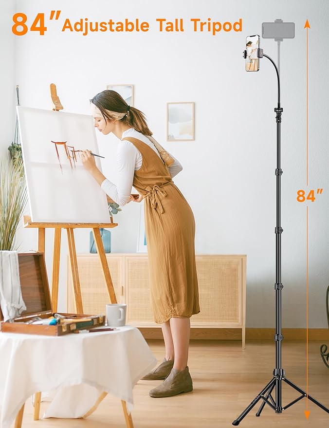 Phone Tripod Stand 84 Tall Flexible Cellphone Tripod for iPhone with Gooseneck Remote Portable Phone Stand for Recording Compatible with iPhone 14 13 12 pro Android Camera