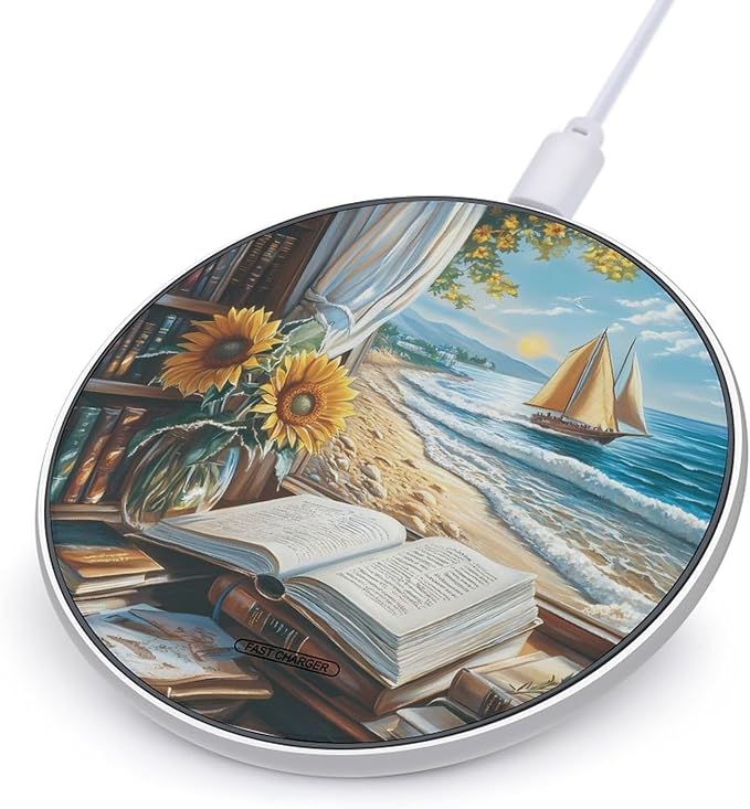 Beach Window Book Desk Sunflower Wireless Charger Anti-Slip Wireless Charging Pad Slim Charger Mat for Men Women