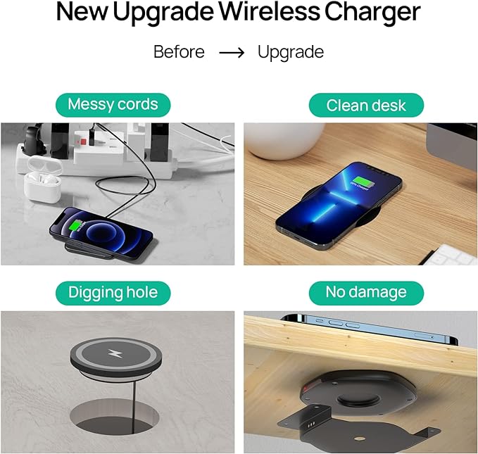 KPON Invisible Wireless Charger30mm Under Desk Charger Mat Furniture Table Nightstand Desktop Charging Station for iPhone17/16/15/14/13/12/Samsung/LG/Google Pixel Desk Essentials(with QC Adapter)