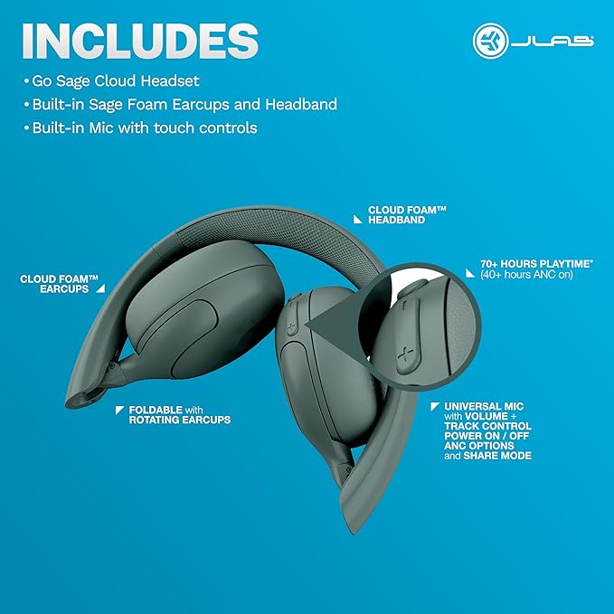 JLab Go Lux ANC Wireless Headphones Sage Hybrid Active Noise Cancelling Premium On-Ear Bluetooth Headset Customizable Sound Be Aware Mode Cloud Foam Comfort Multipoint Connection