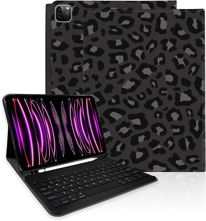 TopPerfekt for iPad Pro 11 4th/3rd/2nd/1st Gen (2022/2021/2020/2018) Keyboard Case Magnetically Absorbent Auto Sleep/Wake Support 2nd Gen Pencil Wireless Charge with Pencil Holder - BlackLeopard2