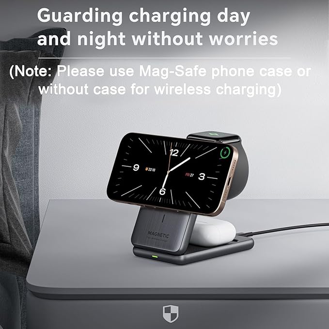3 in 1 Charging Station for iPhone Wireless Charger Stand15W Fast MagSafe Charger for iPhone 17 16 15 14 13 12 Series-Apple Watch 11 10 9 8 7 6 5 4 3 2 SE and Ultra Series-Airpods 4 3 2 Pro