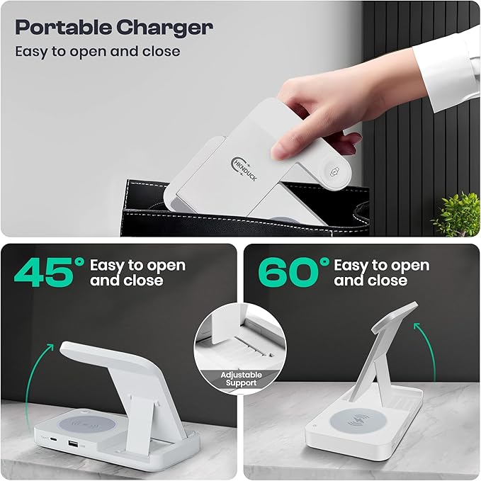 4 in 1 Wireless Charging Station for iPhone Apple Watch &amp AirPods - Wireless Charger for iPhone Series 16/15/14/13/12 - Apple iWatch Series 7/9/8 with Extra USB Port &amp Foldable Design – White