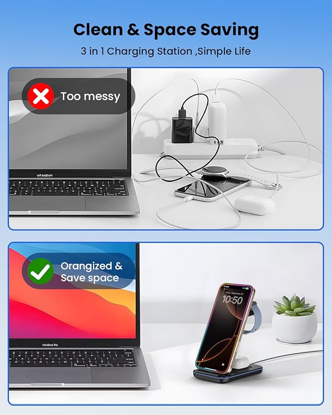 Wireless Charger Stand CIYOYO 3 in 1 Fast Wireless Charging Station Dock for Apple Watch 11/9/8/7/6/SE/5/4/3/2 Airpods 3/2/Pro iPhone 17/16/15/14/14 Plus/14 Pro Max/13/13 Pro/12/12 Pro/SE/X/XR/XS/8