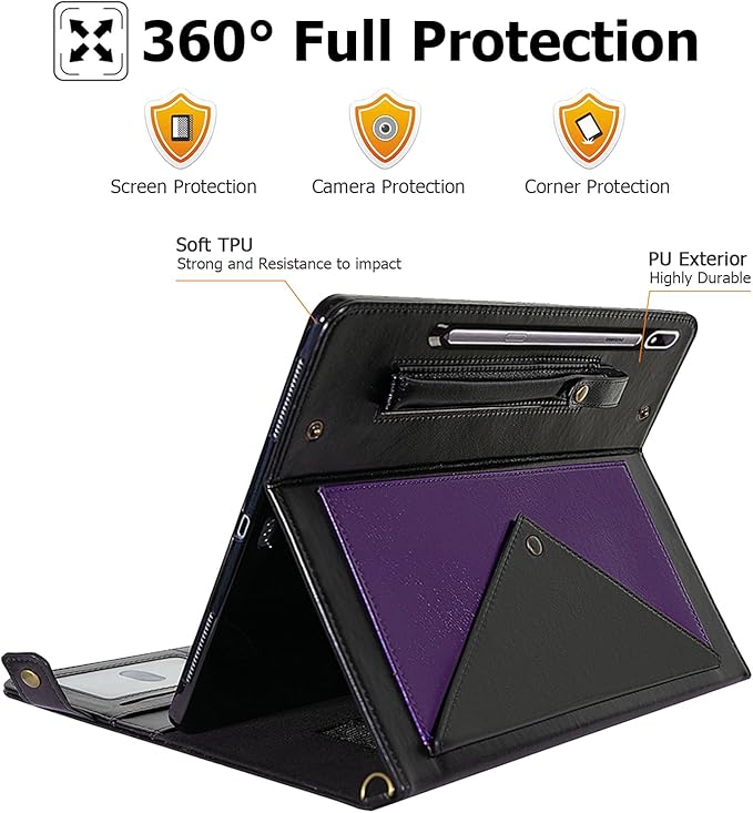 Dteck Case for Galaxy Tab S10 Plus/S9 FE Plus/S9+/S8+/S7 FE/S7+ 12.4Business PU Leather Fold Stand Protective Cover with S Pen Holder Shoulder Hand Strap Card Slots Bag Wallet CoverPurple/Black