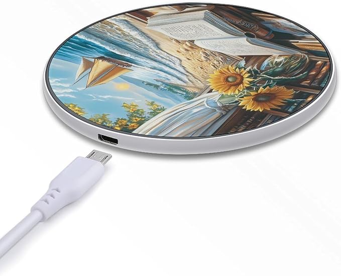 Beach Window Book Desk Sunflower Wireless Charger Anti-Slip Wireless Charging Pad Slim Charger Mat for Men Women