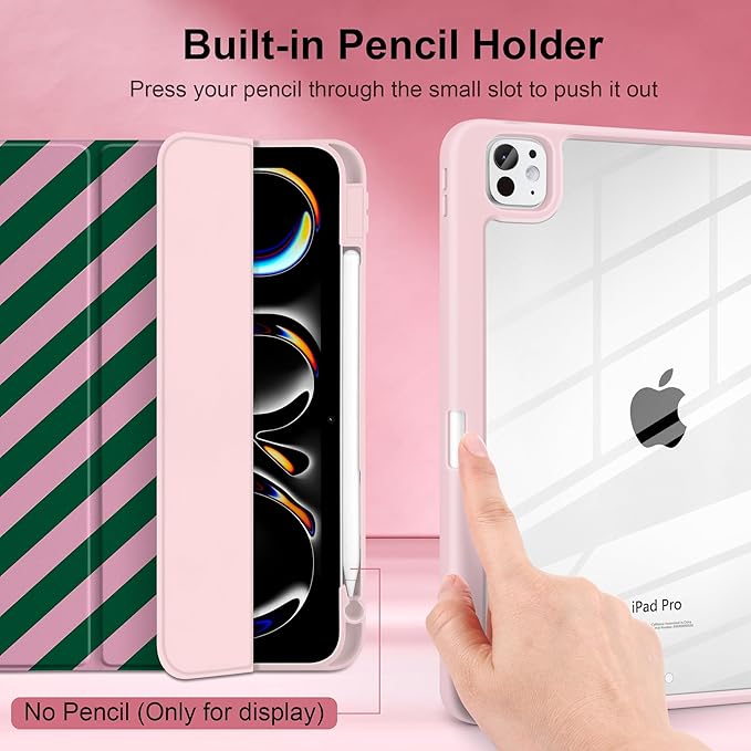 TWOLSKOO Case for iPad Pro 11-inch (M5 2025 / M4 2024) Clear Acrylic Back with TPU Bumper Pencil Holder Trifold Stand Auto Sleep/Wake Diagonal Stripes