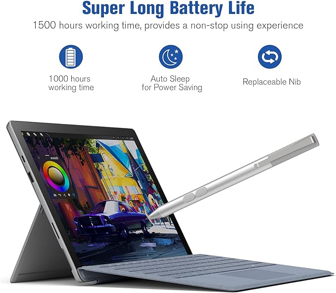 Pen Stylus for Surface Pro 11/10/9/8/X/7+/7/6/5/4/3/Surface 3 Surface Laptop/Studio/Book/Go 1st-5th Kobo eReaders with Palm Rejection 1024 Levels Pressure 2500h Working Hours